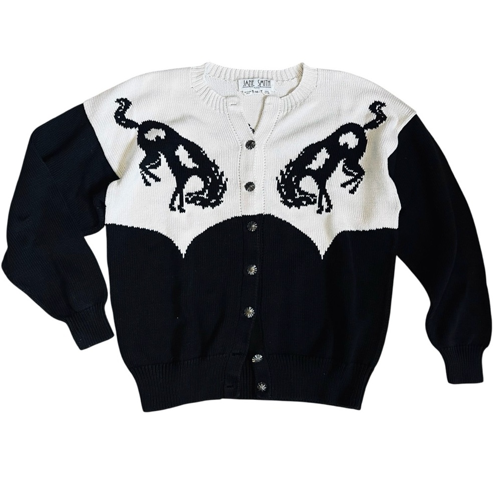 Jane Smith Women’s Sz M VTG Black White Western Horse Cardigan Sweater Knit 80s